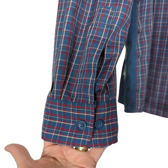 Bugle Boy Plaid Men's Vintage Blue Shirt M Patchwork Long Sleeve Retro Y2K - Picture 10 of 16